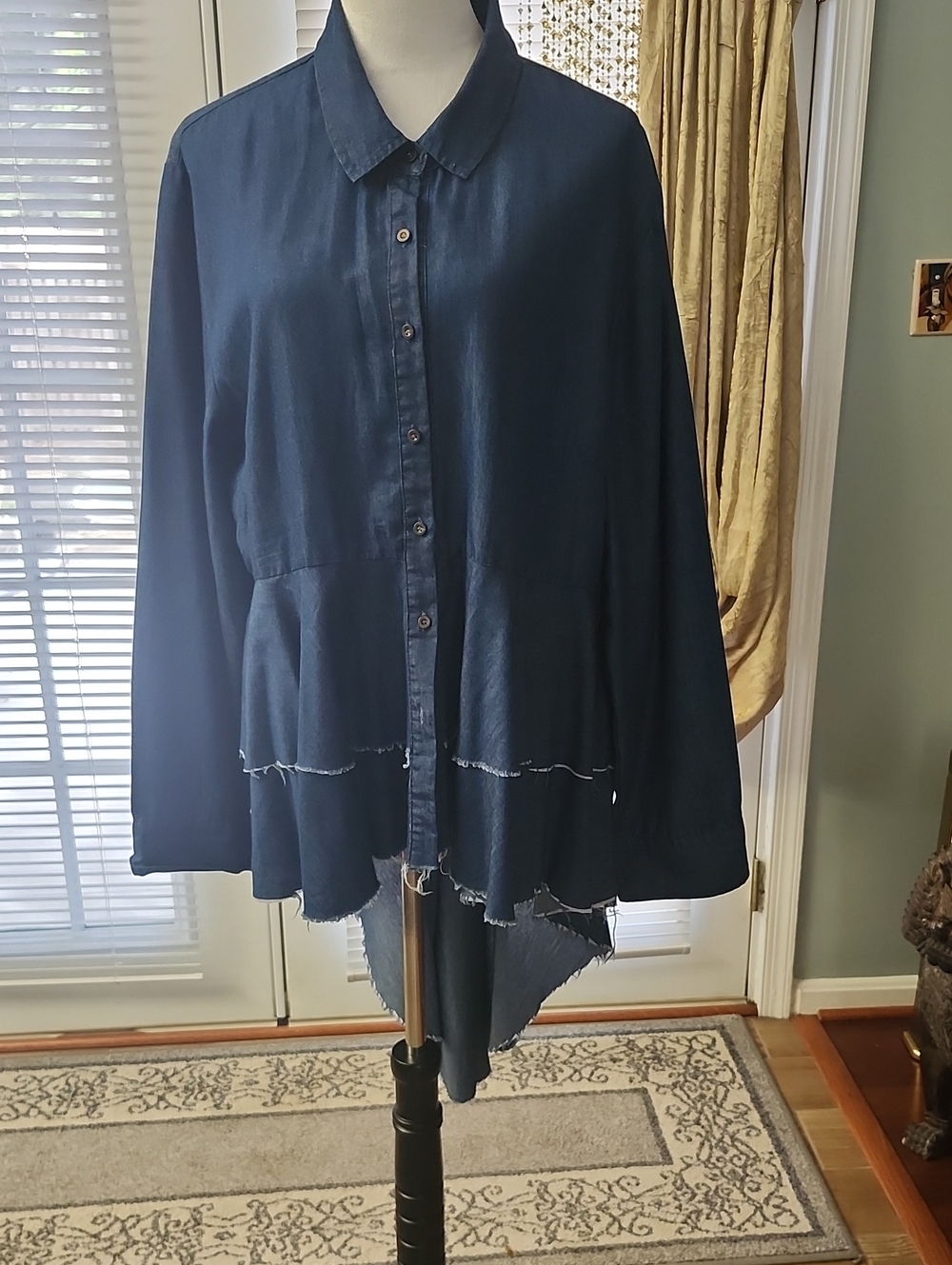 Navy Ruffled Button-Down Shirt